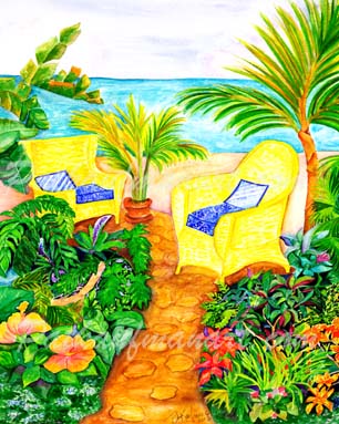 cottages and beach living paintings Two Yellow Chairs by the Sea