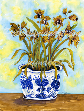 tropical gardens and flora paintings Blue and White Dancing Orchids