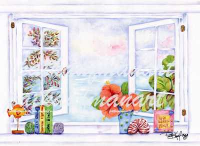 cottages and beach living paintings On Beach Time Window